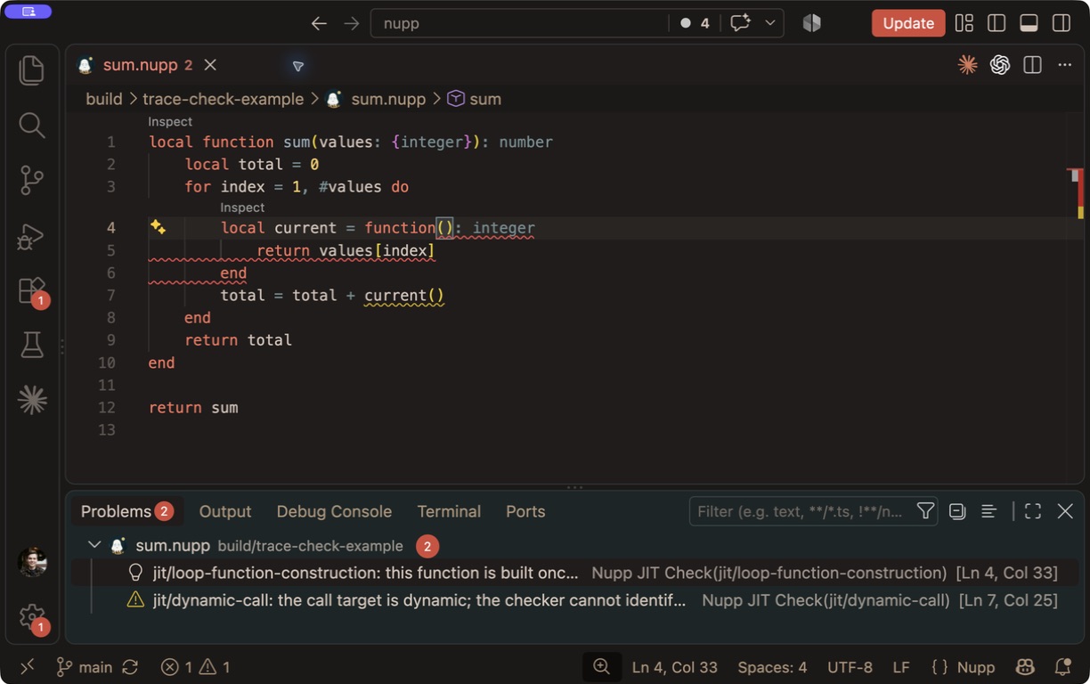 VS Code showing Nupp syntax highlighting, a function created inside a loop underlined in red, and Nupp JIT Check findings in the Problems panel